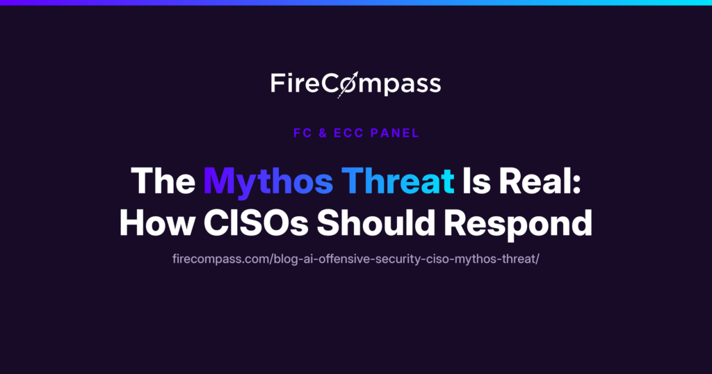 Promotional graphic for FireCompass and EC-Council panel titled The Mythos Threat Is Real: How CISOs Should Respond, featuring a dark blue and purple abstract digital background.