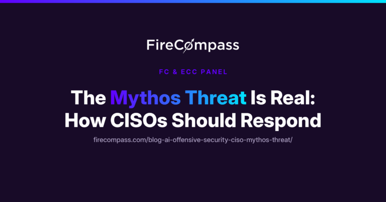 Promotional graphic for FireCompass and EC-Council panel titled The Mythos Threat Is Real: How CISOs Should Respond, featuring a dark blue and purple abstract digital background.