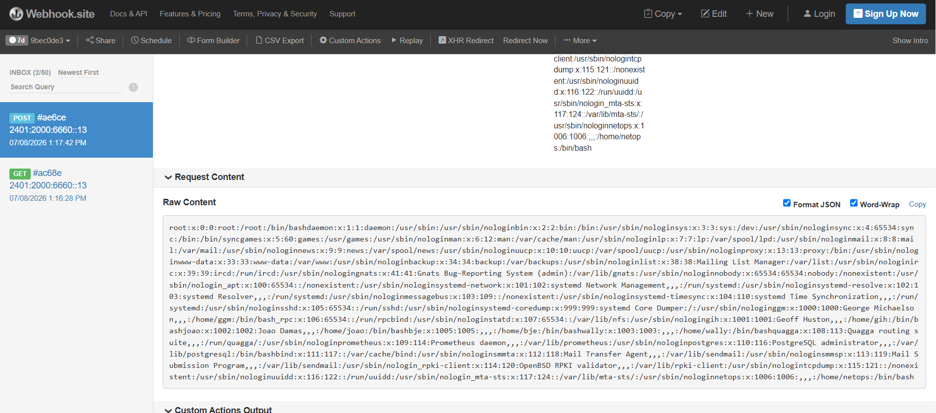 Webhook.site inbox showing a POST request that received the exfiltrated /etc/passwd contents from the target server, confirming controlled proof of execution.
