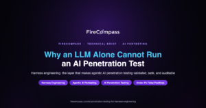 Diagram-style cover: an AI penetration testing harness — routed models, tools, orchestration and a deterministic safety gateway around a frontier LLM.