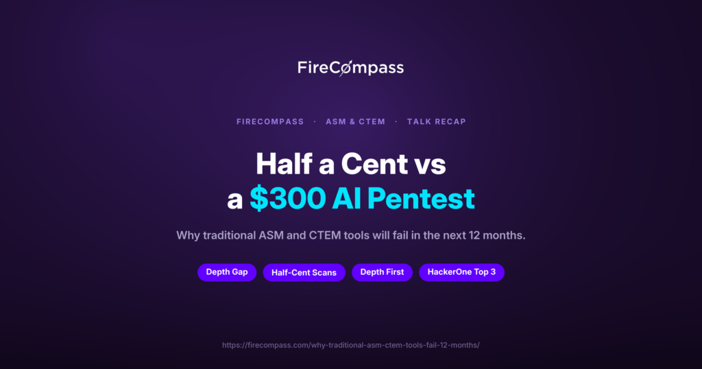 Diagram comparing traditional half-cent ASM scanning vs $300 AI agent penetration testing depth