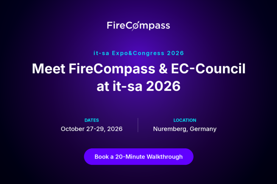 FireCompass and EC-Council booth banner for it-sa 2026 event highlighting Agentic AI Web Application Penetration Testing in Nuremberg